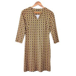 J. McLaughlin Brown Yellow Chain Print 3/4 Sleeve Dress size S Catalina Cloth